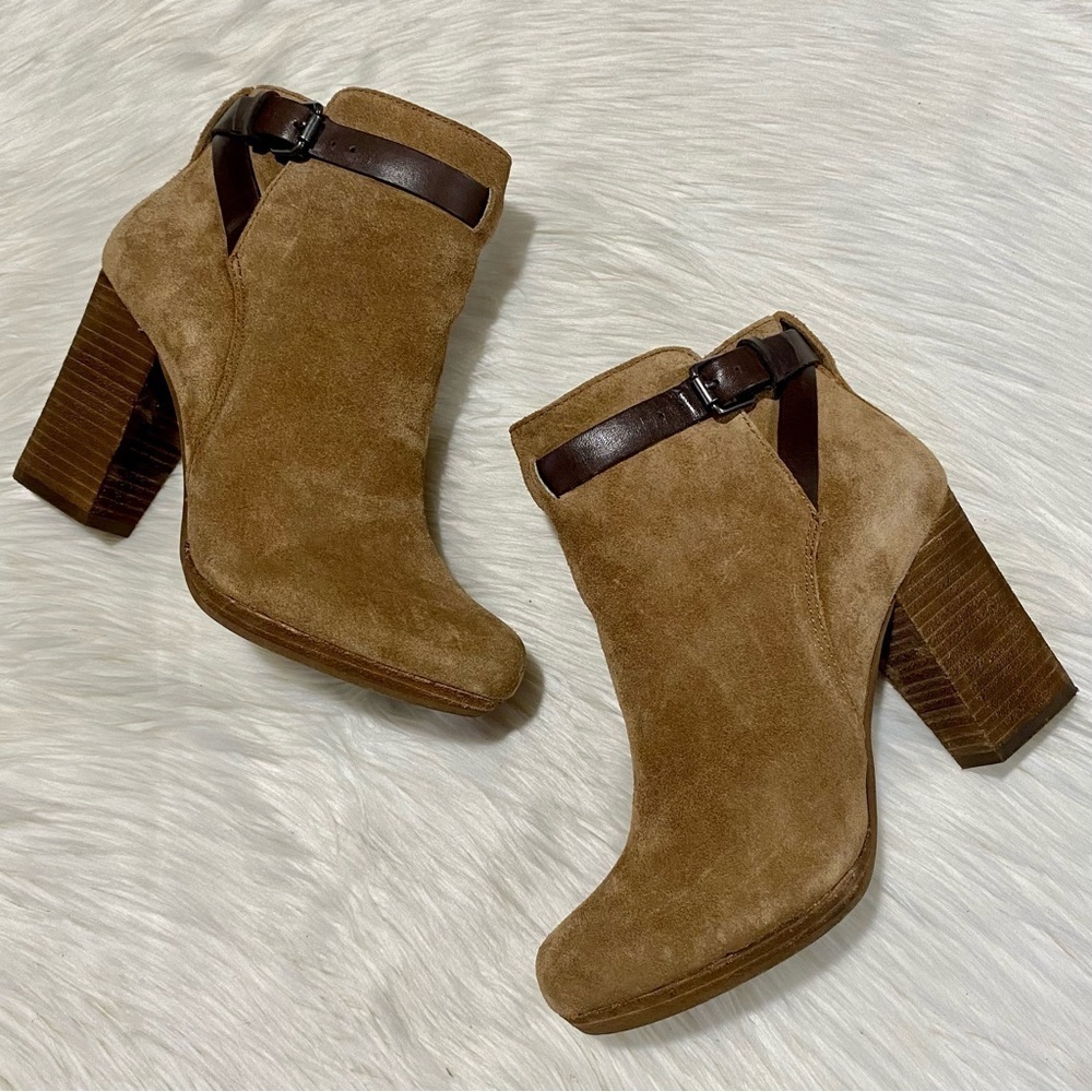 Madewell Aimee Buckle-Strap Leather Suede Ankle Boots in Truffle‎ Brown 7